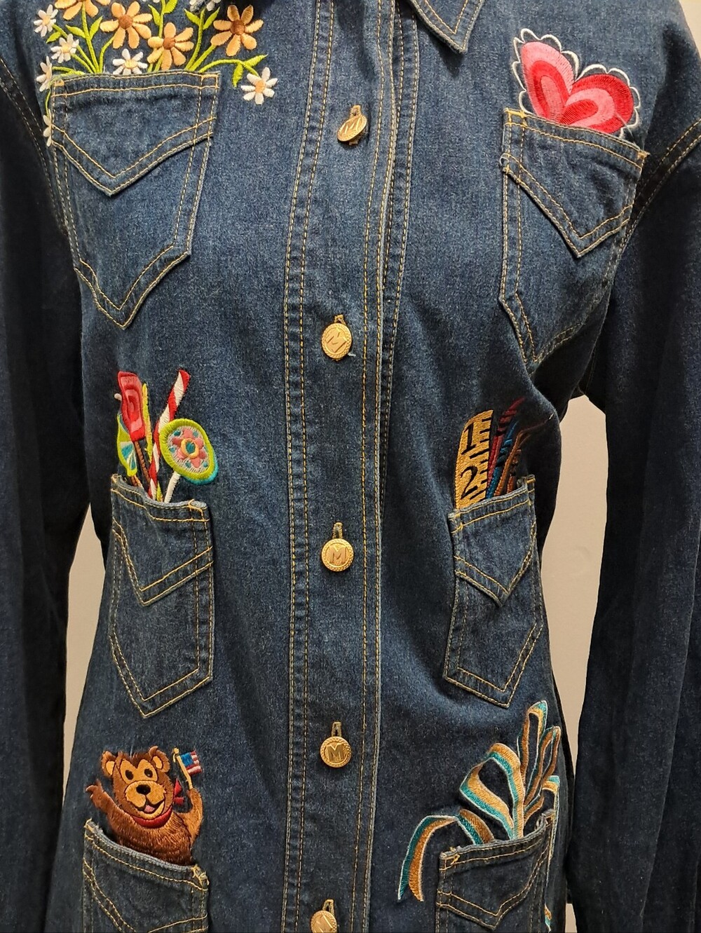 Vtg Y2k Embroidered Denim Jacket Large L Teacher Educator Retro Preppy - Picture 2 of 7